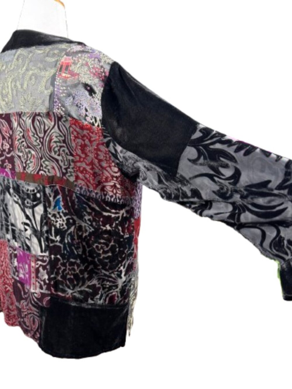VTG Chico's Burnout Velvet Velour Silk Blend Patchwork Kimono Jacket (Size 3) - Picture 7 of 16